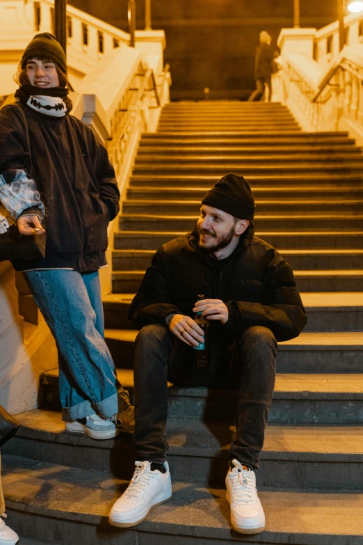 a couple of people that are sitting on some steps, by Attila Meszlenyi, teddy fresh, during the night, orthodox, danny fox