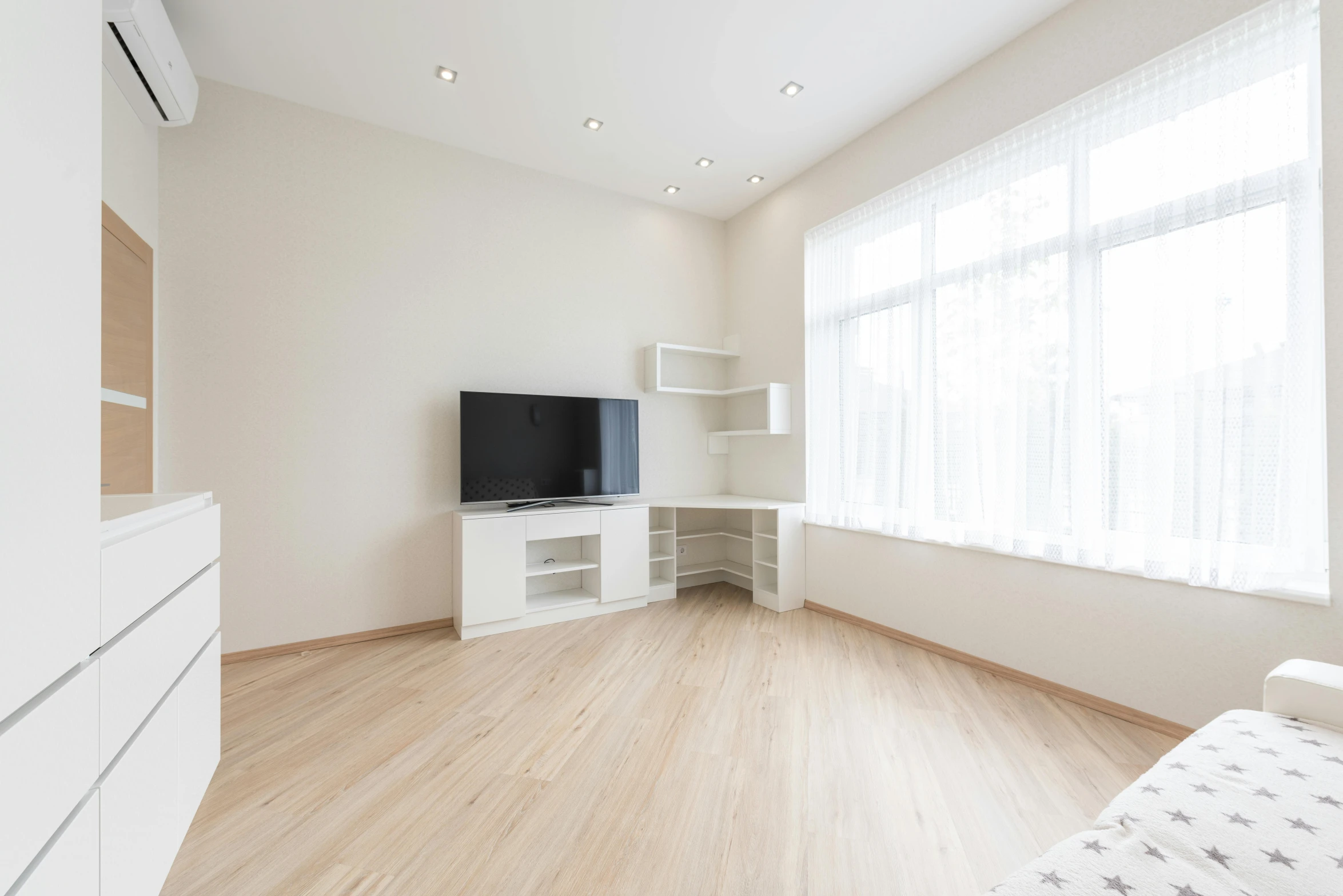 a living room filled with furniture and a flat screen tv, a picture, by Kamagurka, unsplash, light and space, inside white room, natural light window, “diamonds, full body 8k