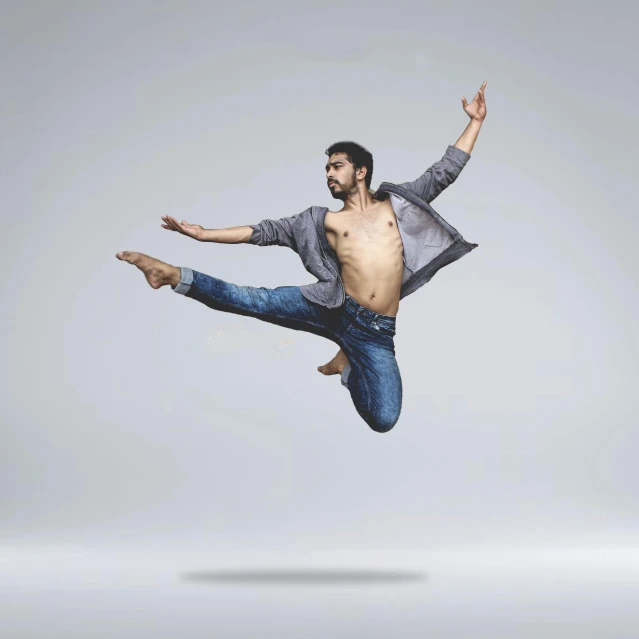 a man that is jumping in the air, by Saurabh Jethani, arabesque, hero pose, a hyper realistic, a handsome, without text