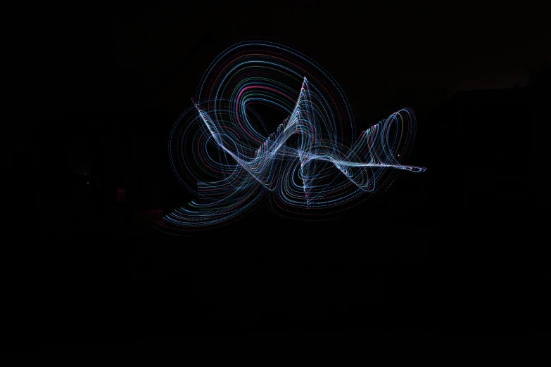 a blurry photo of a plane in the dark, an abstract drawing, inspired by Bruce Munro, pexels, generative art, swirly ripples, long exposure shot, spinning hands and feet, electric colours
