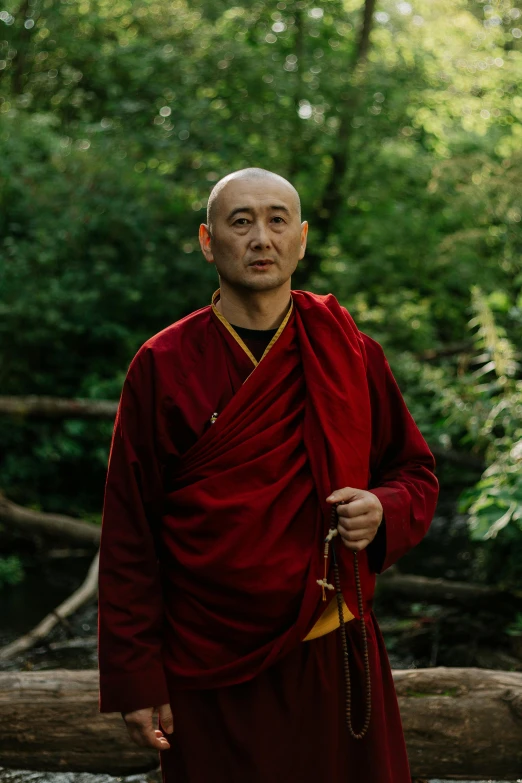a man in a red robe standing in a forest, a portrait, unsplash, shin hanga, wearing brown robes, ukrainian monk, zhang yimou, portrait image
