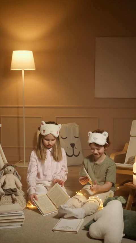 a group of children sitting on the floor reading books, inspired by Maurice Sendak, renaissance, sad man puts on a bear mask, soft lighting |, photograph of 3d ios room, full product shot