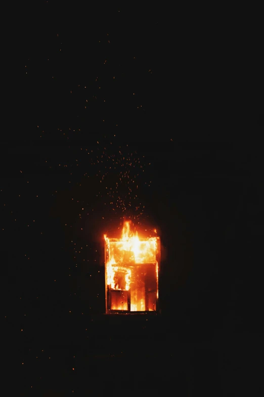a fire is coming out of a window in the dark, an album cover, by Attila Meszlenyi, unsplash, conceptual art, burning man nevada, lantern, rinko kawauchi, rectangle