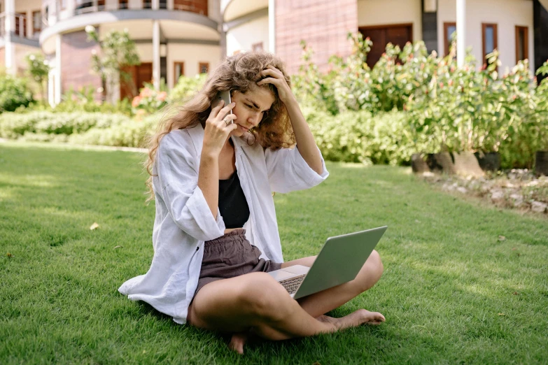 a woman sitting on the grass using a laptop, trending on pexels, renaissance, girl making a phone call, slightly tanned, university, girl with brown hair