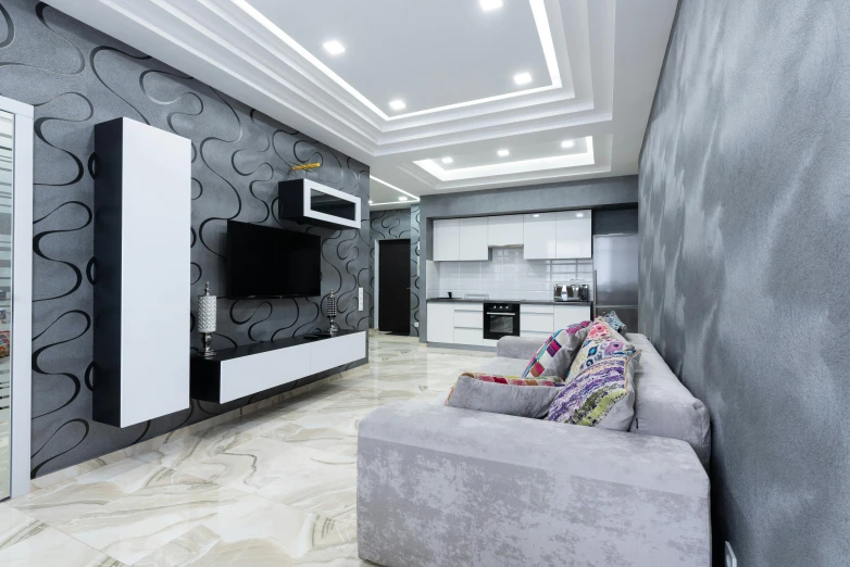 a living room filled with furniture and a flat screen tv, by Daarken, pexels contest winner, light and space, glossy white metal, located in hajibektash complex, amazing wallpaper, for hire 3d artist