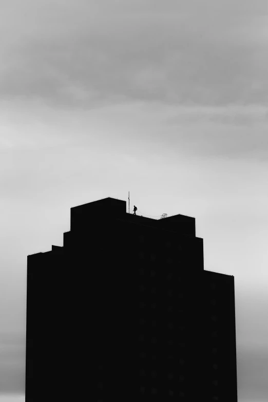 a black and white photo of a tall building, postminimalism, the wise man is riding on top, silhouette :7, dark cityscape, phoenix