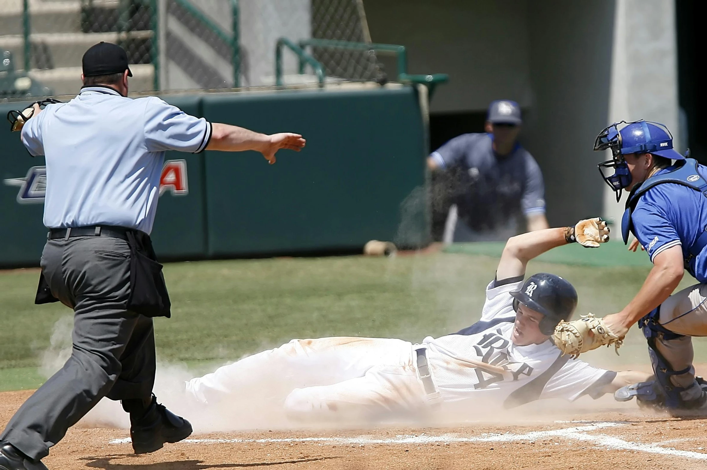 a baseball player sliding into home plate during a game, pexels contest winner, mark brooks and brad kunkle, navy, reclining, promo image