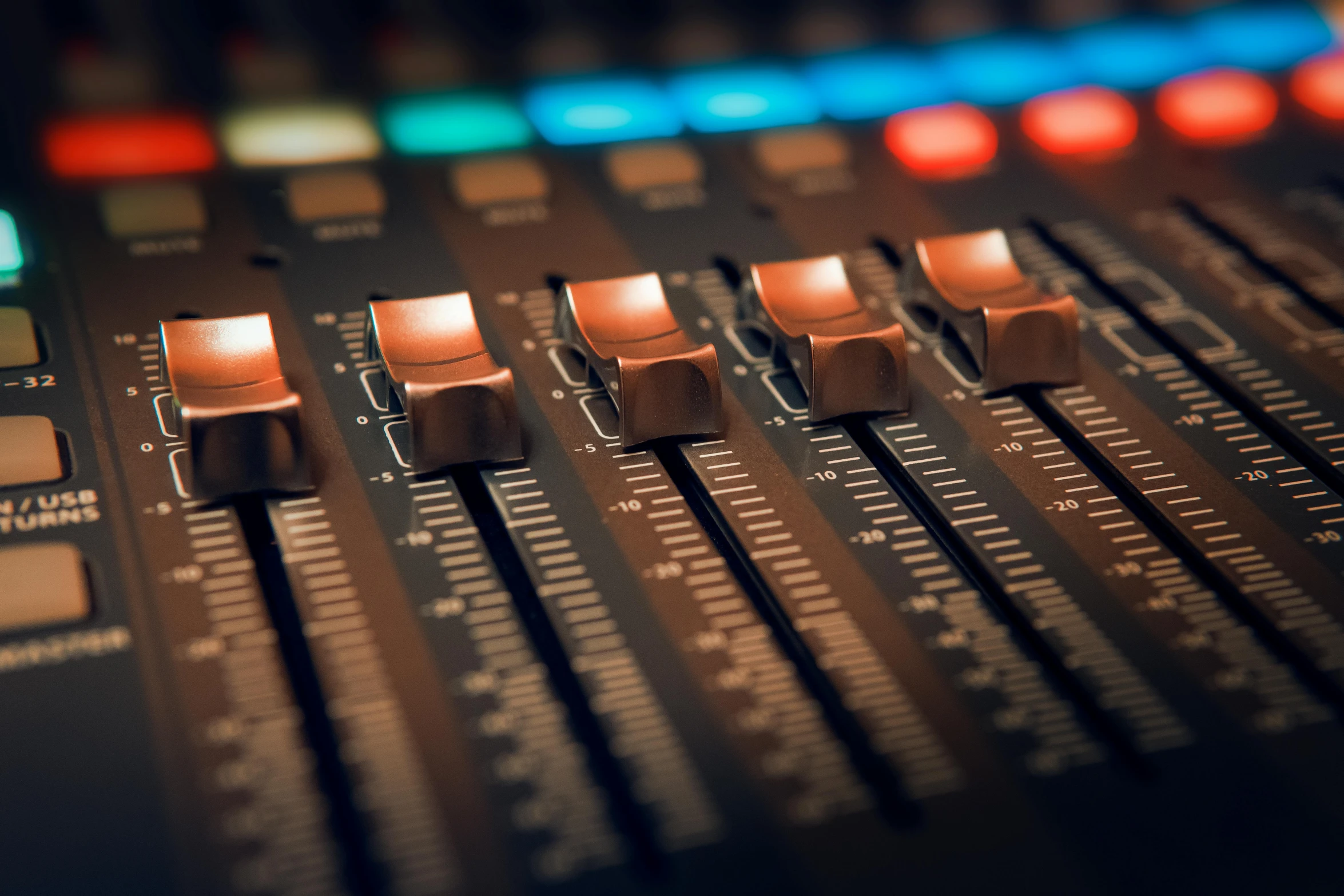 a close up of a sound board in a recording studio, an album cover, unsplash, avatar image, brown, multicoloured, 5 - channel