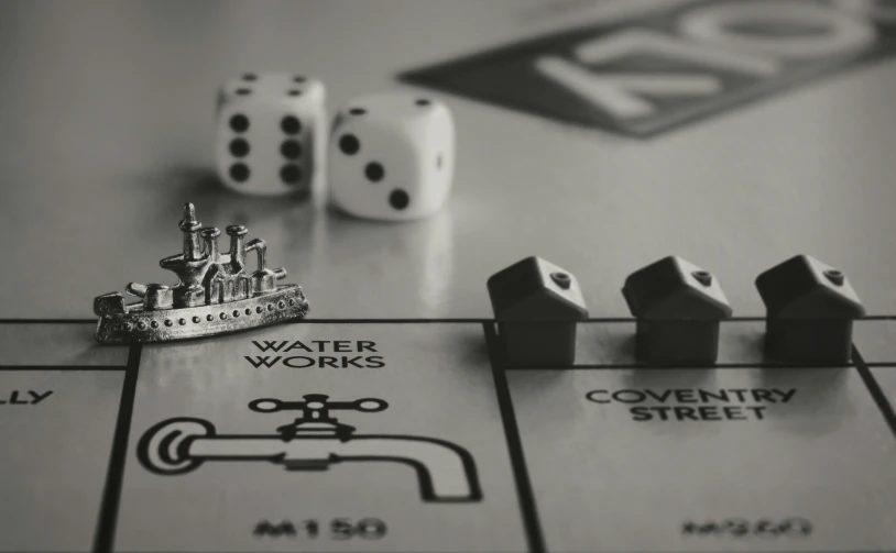 a monopoly board with dice and a ship on it, a black and white photo, pexels contest winner, hypermodernism, water flowing through the sewer, world building, calcutta, concerned