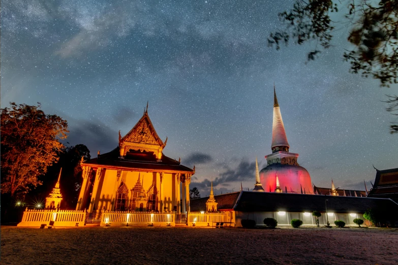 a church lit up at night with stars in the sky, unsplash contest winner, futuristic phnom-penh cambodia, taoist temples and monks, profile image, preserved historical