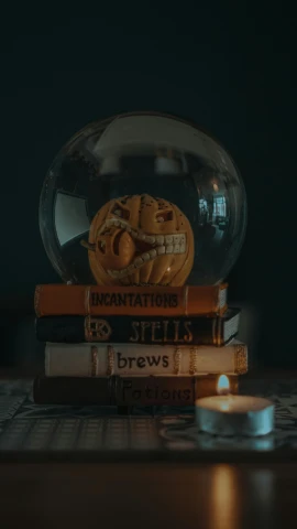 a snow globe sitting on top of a pile of books, an album cover, by Adam Rex, pexels contest winner, halloween decorations, apothecary, profile image, ( ( theatrical ) )
