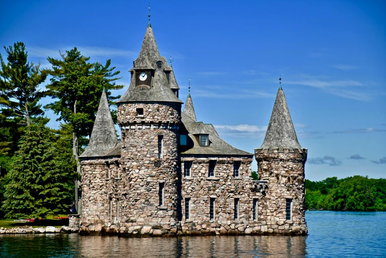 a castle sitting in the middle of a lake, stone facade, ( greg rutkowski ), slide show, fan favorite