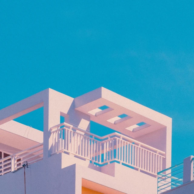 a white building with a balcony and balconies, a minimalist painting, pexels contest winner, aestheticism, pastel synthwave, rooftop party, light blue sky, instagram post