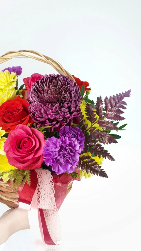 a person holding a basket full of flowers, purple and scarlet colours, vibrant accents, chrysanthemum, feature