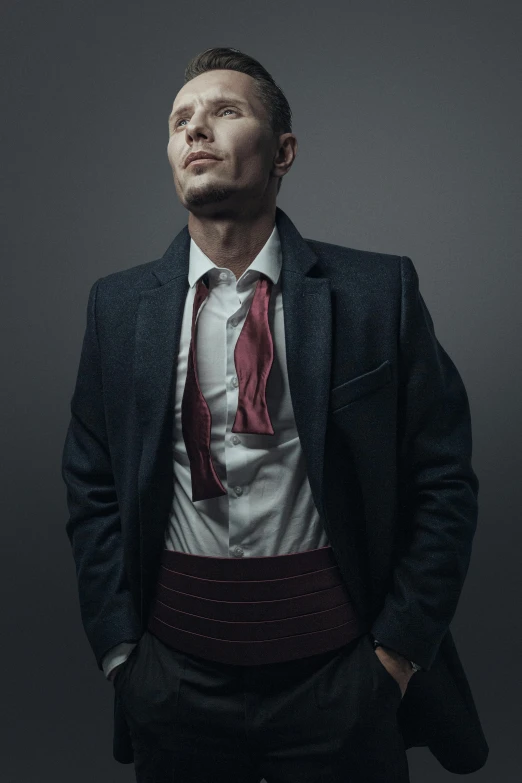 a man in a suit and tie posing for a picture, a character portrait, inspired by Juan de Valdés Leal, pexels contest winner, renaissance, cloth simulation with houdini, middle shot waist up, jakub rebelka, maroon accents