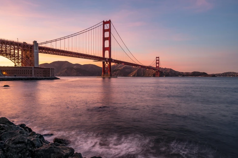 the golden gate bridge in san francisco, california, pexels contest winner, pink marble building, brown, medium format, youtube thumbnail