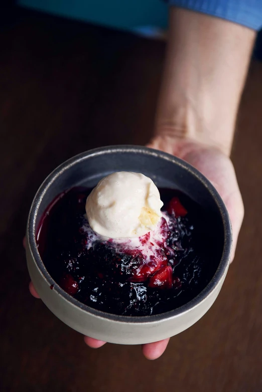 a close up of a person holding a bowl of food, black velvet, desserts, 4l, indigo