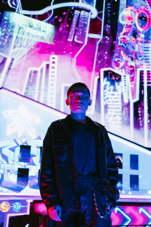 a man standing in front of a neon city, unsplash, futurism, yung lean, in a nightclub, avatar image, all black cyberpunk clothes