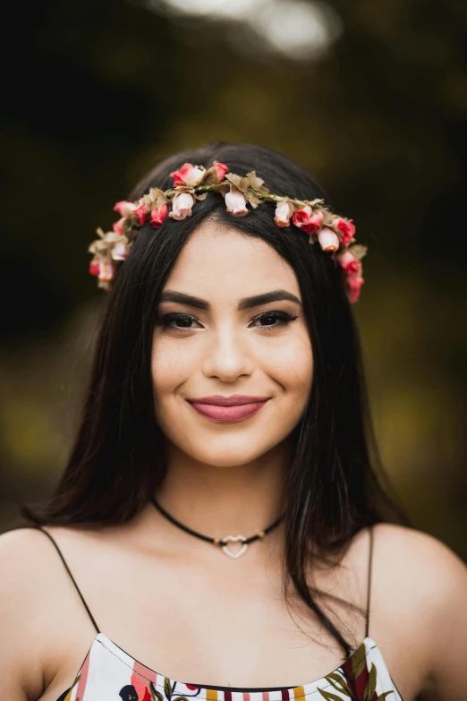 a woman with a flower crown on her head, a colorized photo, by Robbie Trevino, trending on pexels, gorgeous latina face, teenage girl, professionally color graded, rose crown