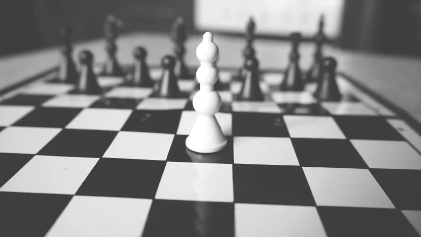 a chess board with chess pieces on it, a black and white photo, by Emma Andijewska, pexels contest winner, optical illusion, white-haired, ( queen chess piece, single figure, instagram picture