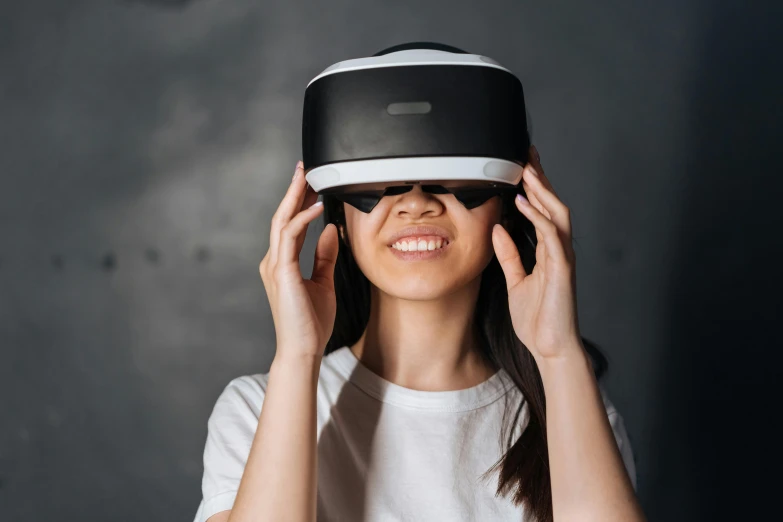 a woman wearing a virtual reality headset, unsplash, frontal pose, akali, no - text no - logo, avatar image