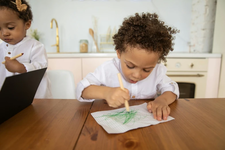 a couple of kids that are sitting at a table, a child's drawing, pexels contest winner, process art, holding a paintbrush in his hand, natural materials, on kitchen table, tissue paper art