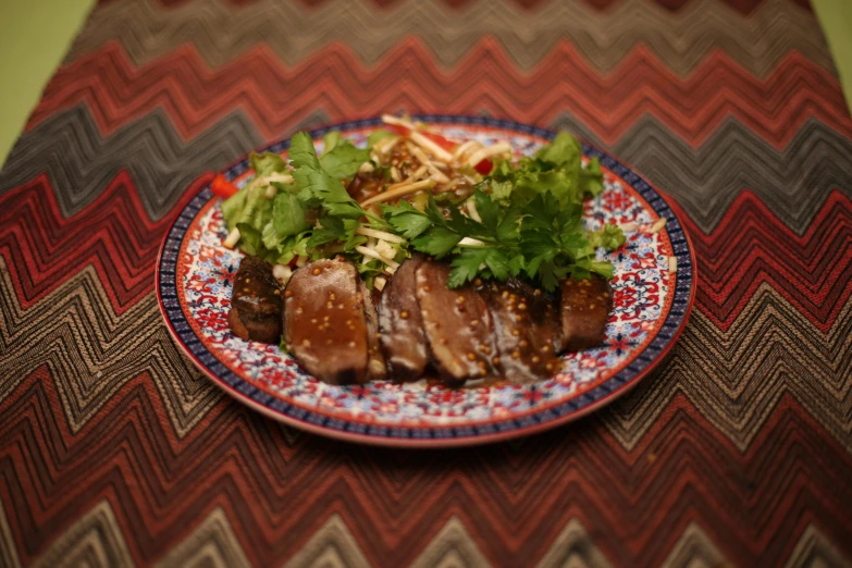 a close up of a plate of food on a table, kakar cheung, duck, profile image, luscious with sesame seeds