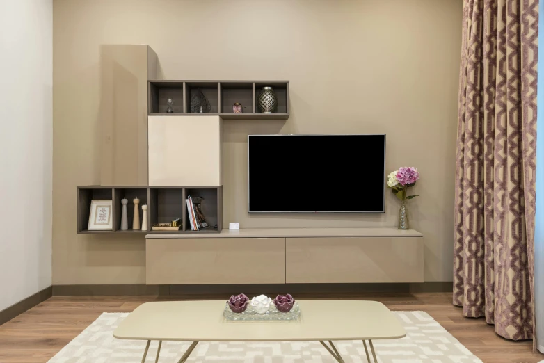 a living room filled with furniture and a flat screen tv, a picture, inspired by Michael Gustavius Payne, minimalism, system unit, gloss finish, commercial photo, square