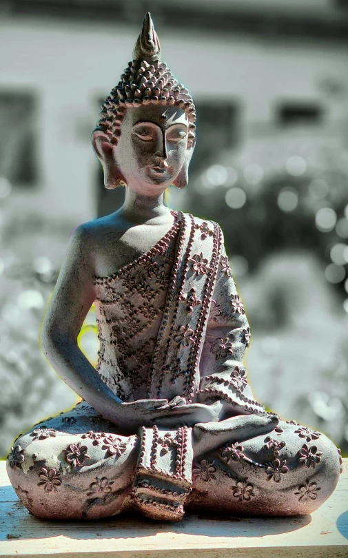 a statue of a person sitting in a lotus pose, a statue, unsplash, process art, colorized photo, thai, decorative, colorized