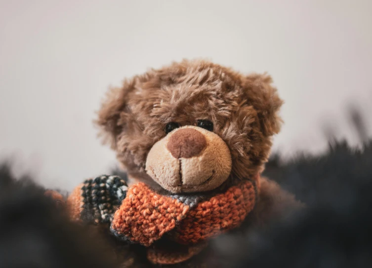 a close up of a teddy bear wearing a scarf, by Emma Andijewska, pexels, orange fluffy belly, tocchini, max dennison, chocolate