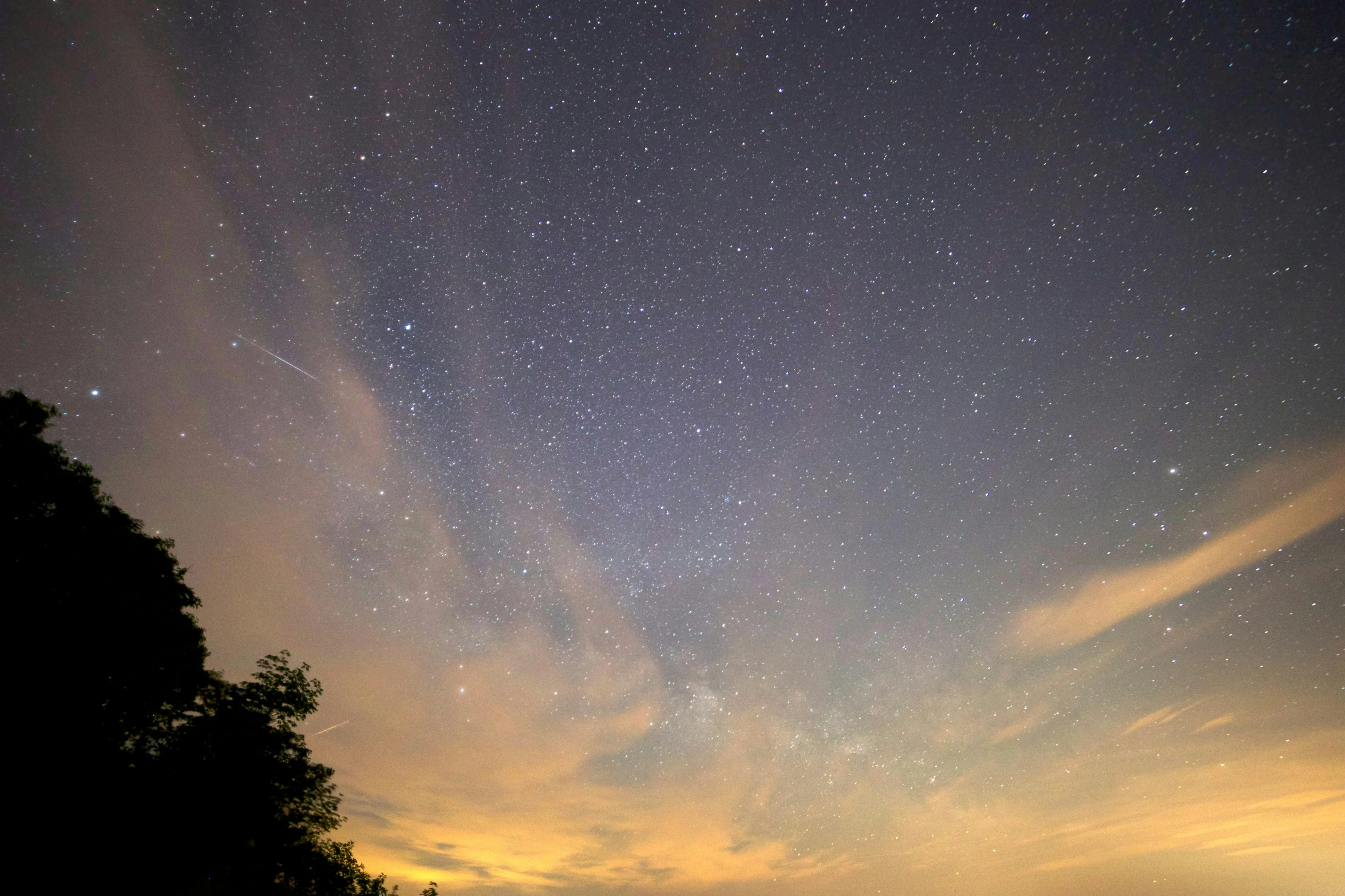 a sky filled with lots of stars next to a forest, shooting star in background, slide show, with thunderstorms, thumbnail