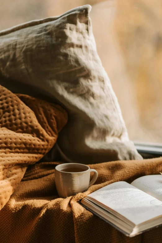 an open book sitting on top of a bed next to a cup of coffee, a still life, trending on pexels, light beige pillows, muted fall colors, looking out window, ocher