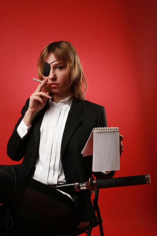 a woman sitting in a chair smoking a cigarette, an album cover, inspired by Lasar Segall, unsplash, neo-dada, wearing business suit, professional cosplay, russian academic, holding a clipboard