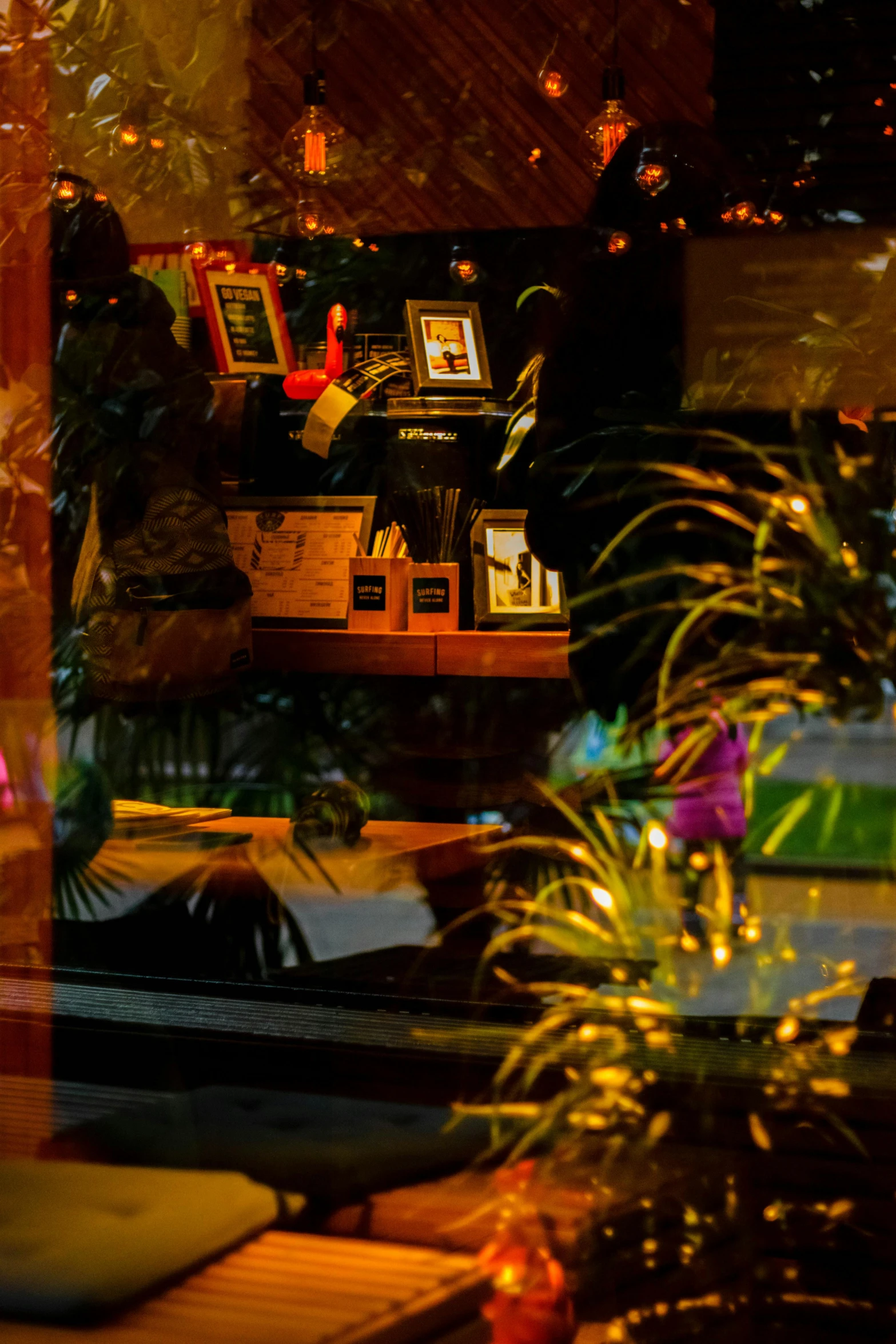 a woman sitting at a table in front of a window, by Dave Melvin, warm street lights store front, lush plant and magical details, glass reflections, holiday