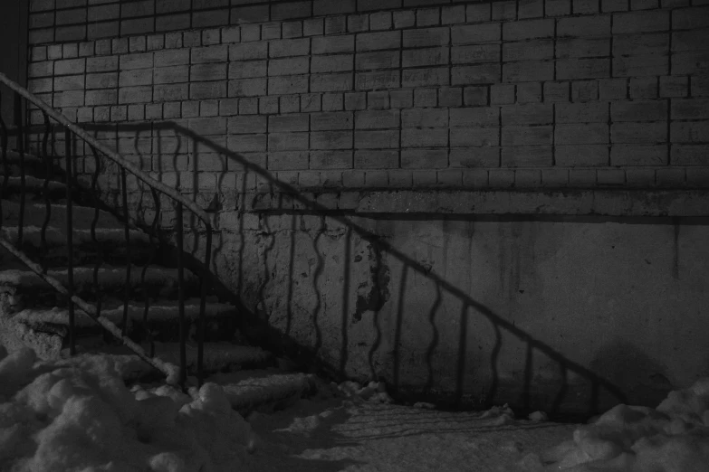 a fire hydrant sitting on top of a snow covered sidewalk, a black and white photo, inspired by Dmitry Levitzky, pexels contest winner, graffiti, stairs to an upper floor, dark abandoned hallway at night, low quality footage, background image