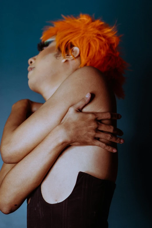 an image of a woman with orange hair, an album cover, inspired by Nan Goldin, trending on pexels, visual art, hugging each other, complementary colours, ayanami, bare back