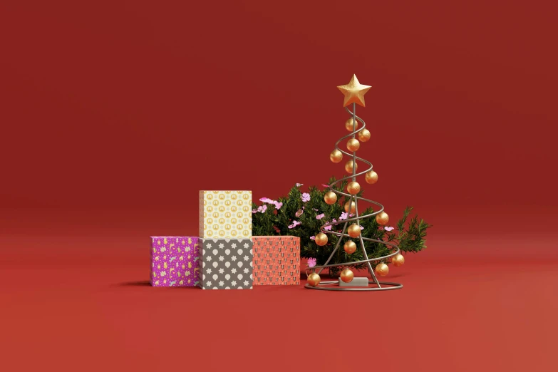 a christmas tree and presents on a red background, a 3D render, trending on polycount, realism, shot with sony alpha 1 camera, magicavoxel, cyber copper spiral decorations, ((raytracing))