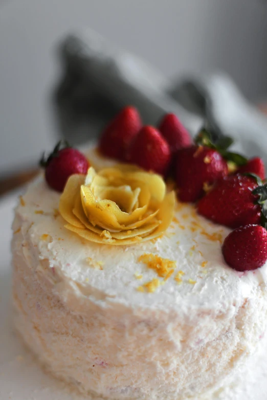 a close up of a cake with strawberries on a plate, yellow aureole, botanicals, pasta, blossoming