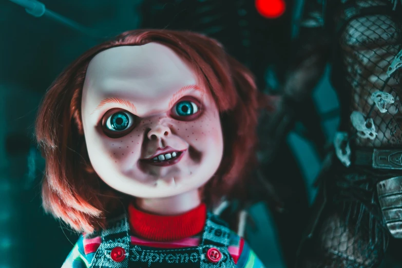 a close up of a doll with red hair, a cartoon, inspired by Guillermo del Toro, trending on pexels, evil dead, upside down stranger things, demogorgon from stranger things, chucky