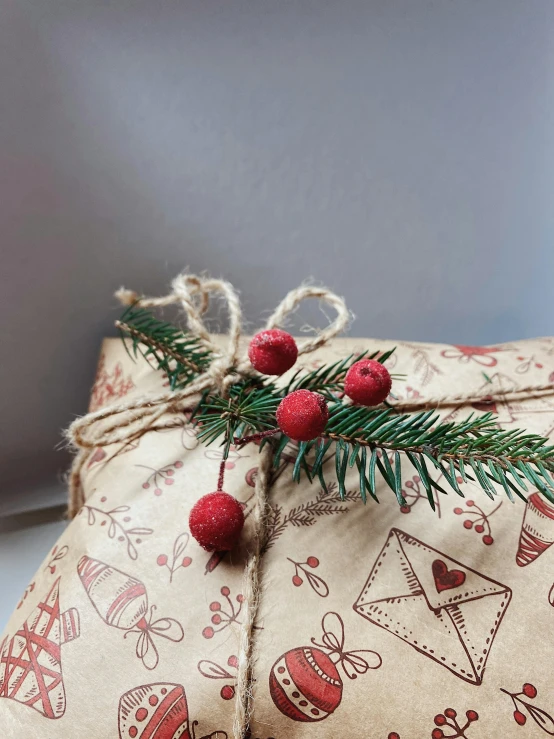 a christmas present wrapped in brown paper and tied with twine, by Alice Mason, instagram, folk art, closeup - view, cushions, fine details. red, detailed product image