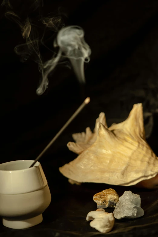 a white cup sitting on top of a table next to a shell, a still life, trending on pexels, incense smoke fills the air, illuminated, bone, black
