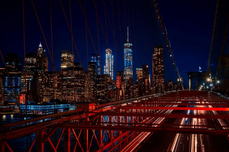 a view of the city at night from the brooklyn bridge, pexels contest winner, visual art, dark blue and red, slide show, red neon, high resolution