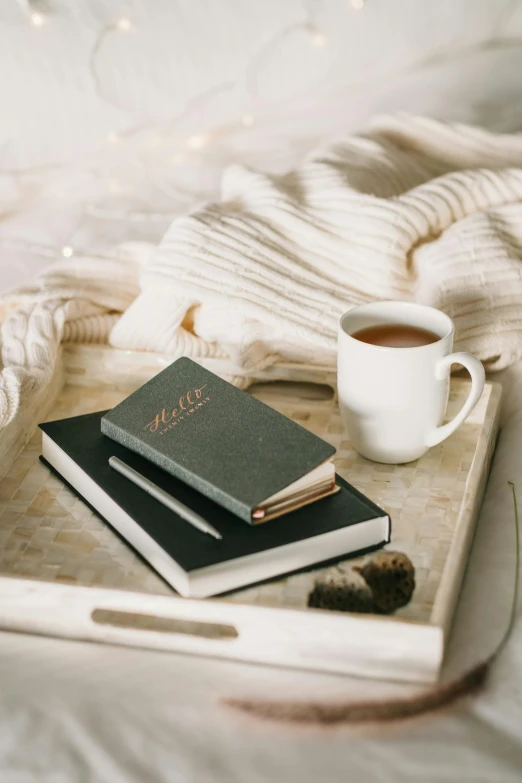 a tray with two books and a cup of coffee, muted colour, luxury journal cover, lined paper, winter