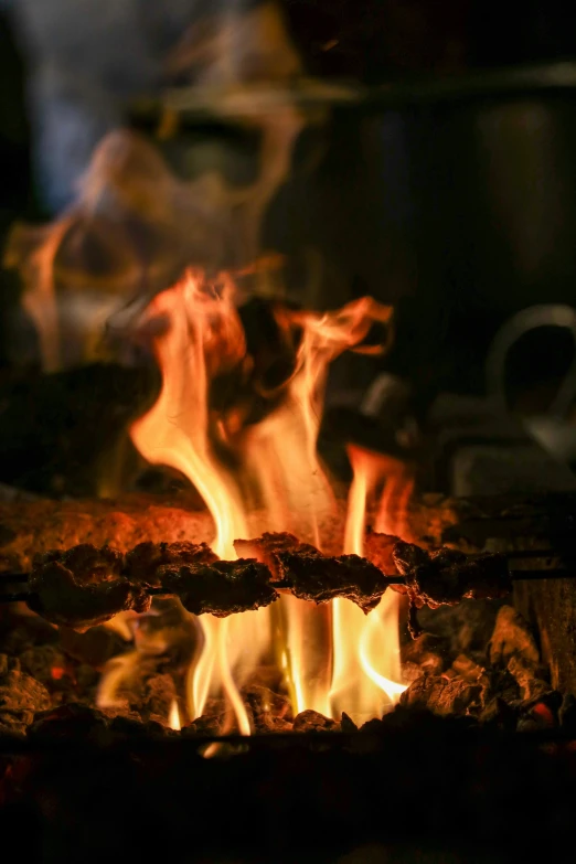 a close up of a fire in a grill, by Elizabeth Durack, romanticism, warm wood, irori fireplace, bark, vanilla