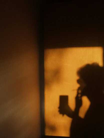 a woman talking on a cell phone next to a window, inspired by Nan Goldin, photorealism, silhouette :7, golden glow, still from a terence malik film, drinking