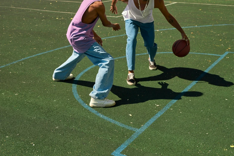 a couple of people playing a game of basketball, by Greg Spalenka, dribble, 15081959 21121991 01012000 4k, center of image, hyperdetailed, environmental shot