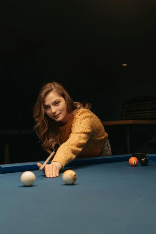 a woman is playing a game of pool, a portrait, pexels contest winner, portrait of barbara palvin, promotional image, b - roll, various posed