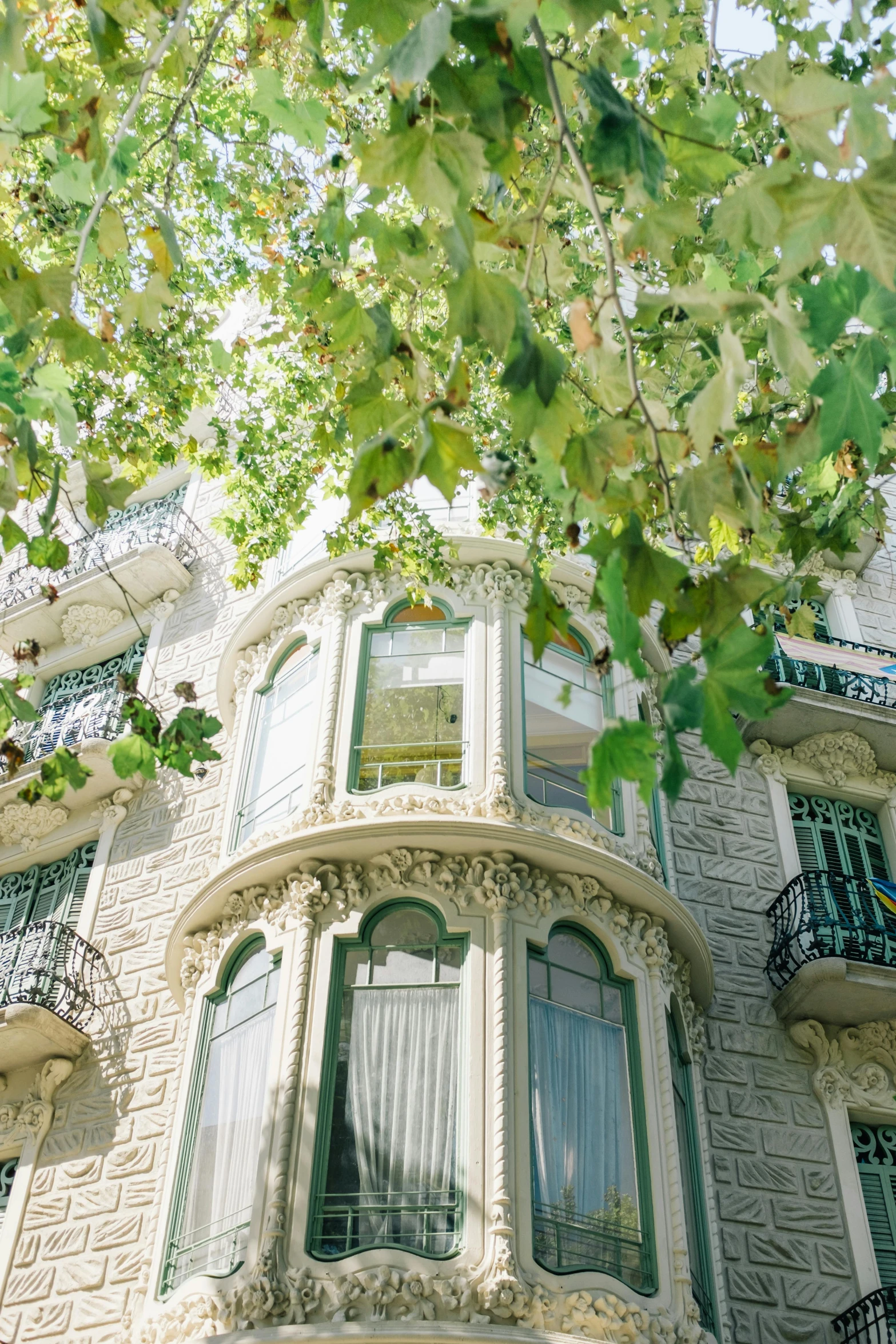 a tall building with lots of windows and balconies, a picture, by Gaudi, unsplash, art nouveau, linden trees, soft green natural light, mediterranean, an overgrown