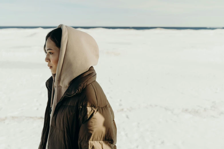 a woman standing on top of a snow covered field, an album cover, trending on unsplash, symbolism, beige hoodie, on the coast, cinematic outfit photo, background image