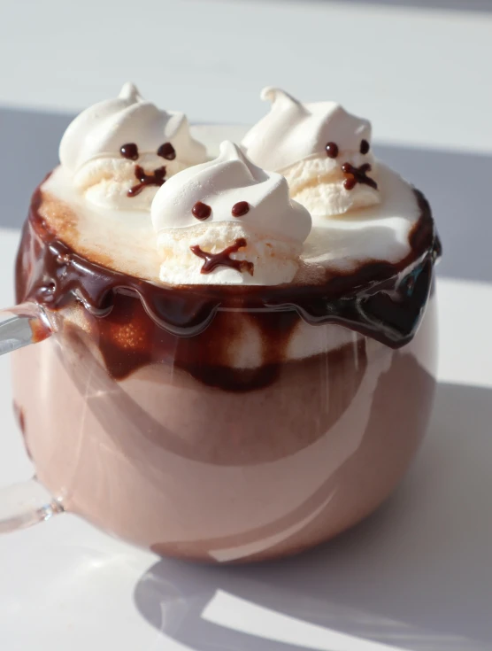 a cup of hot chocolate with marshmallows on top, inspired by Muggur, trending on reddit, auto-destructive art, ghost faces, covered in